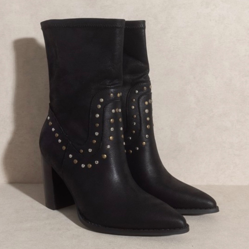 Few left! PARIS STUDDED HEELED BOOT - FAUX LEATHER BLACK